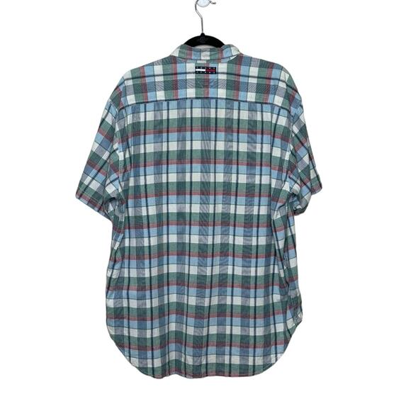 Tommy Hilfiger blue green plaid short sleeves button men shirts size L - Picture 2 of 6